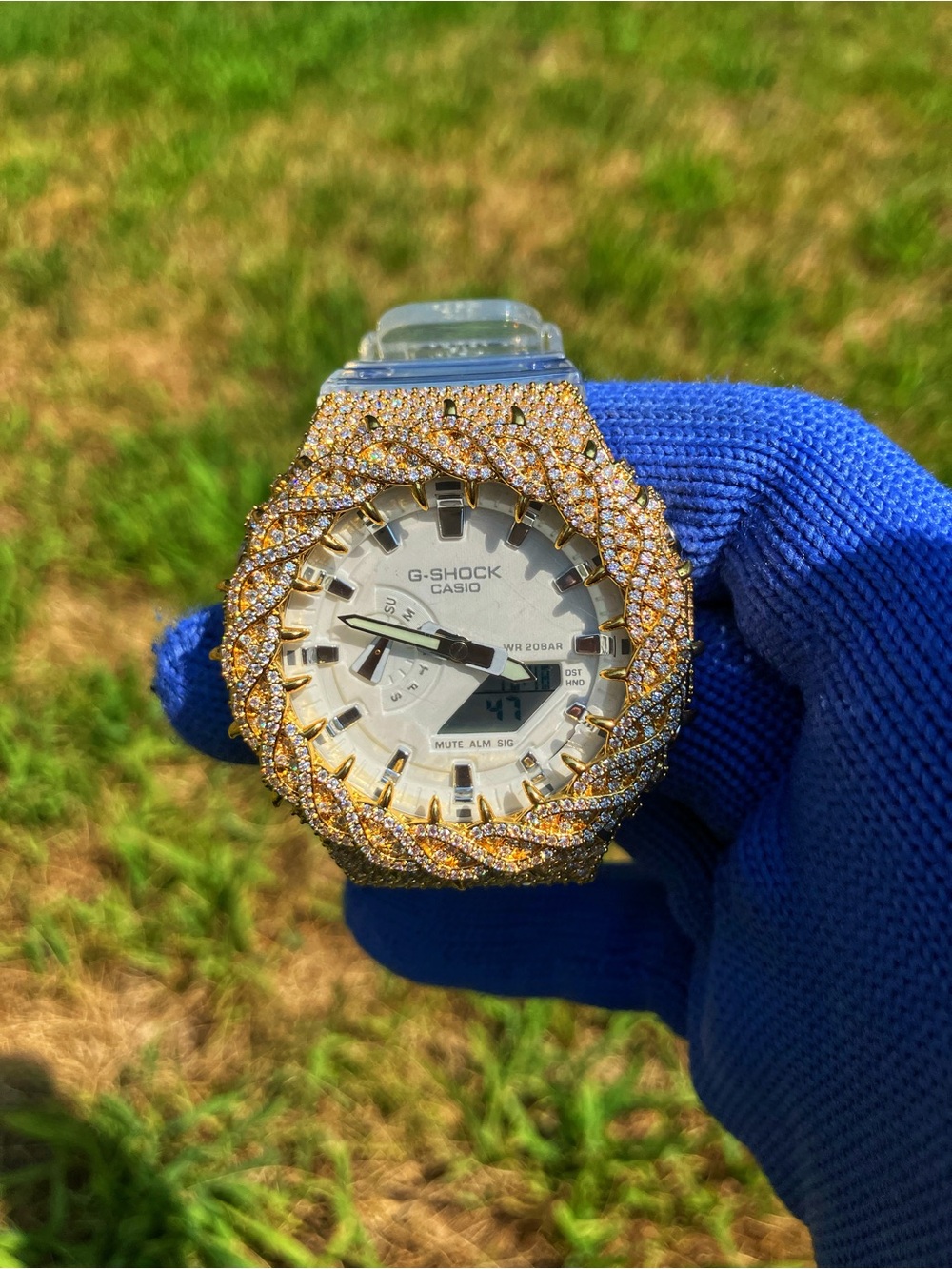 Custom G Shock Snowflake colorway with gold moissanite thorn bezel